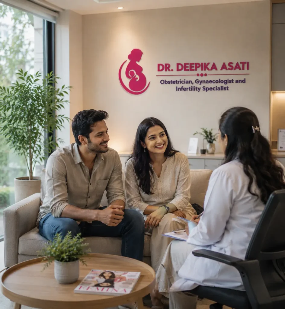 Couple meeting with Dr. Deepika Asati in a fertility and gynecology clinic.